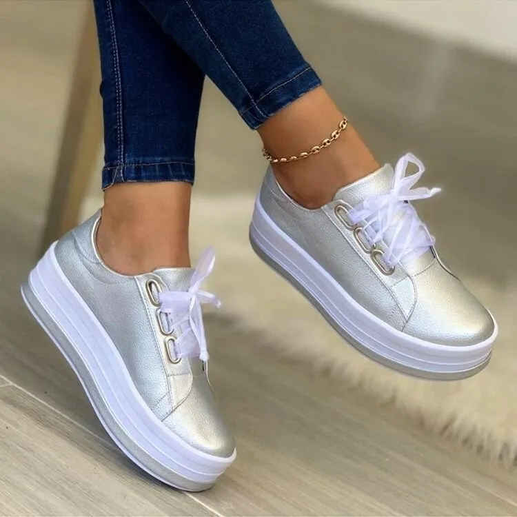 Fashion Flats Sneakers Women Ribbon Lace-up Platform Shoes - Silver