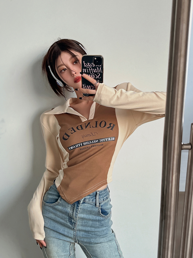 American Irregular POLO Neck T-shirt Women's New Autumn Retro Sweet And Spicy Tight