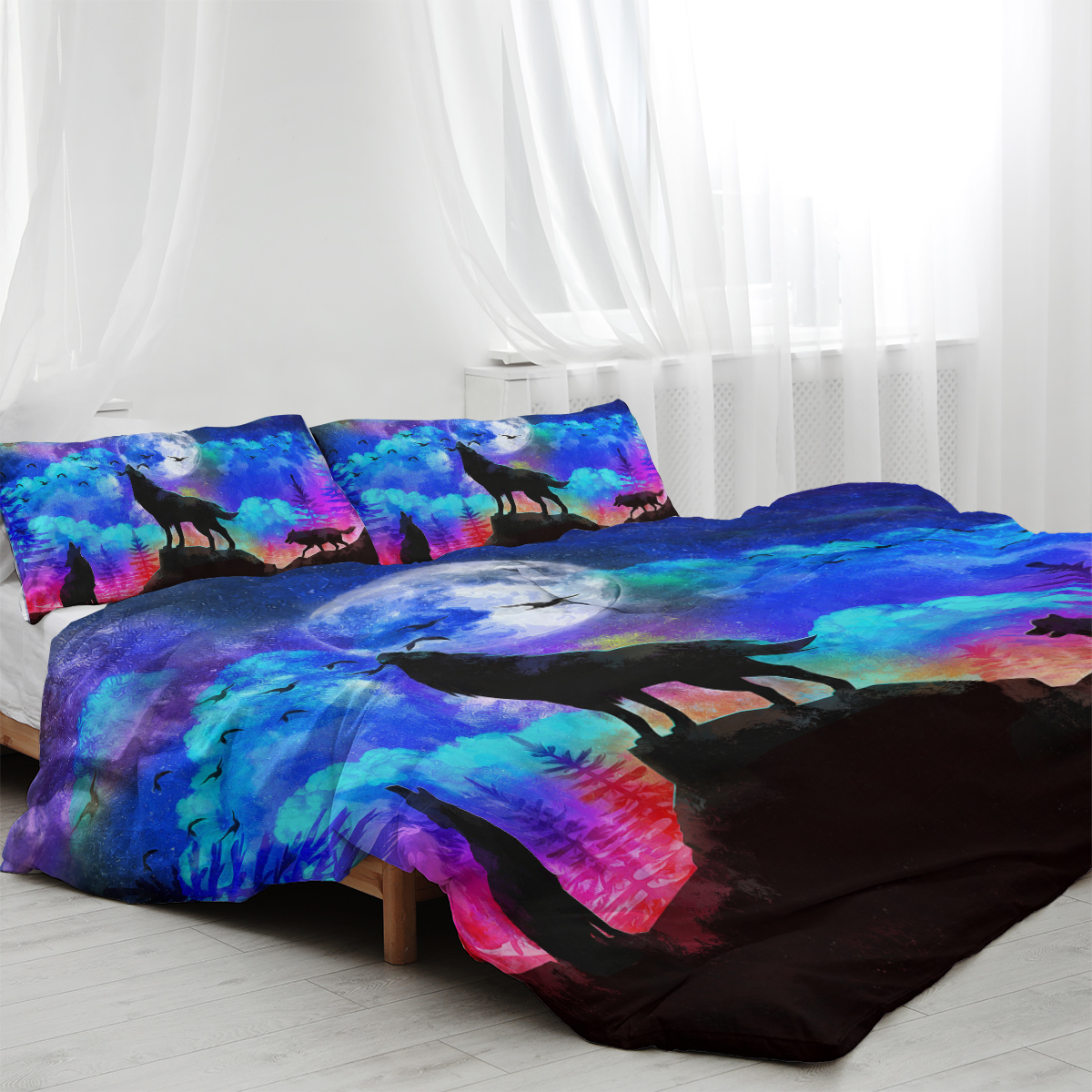 Wolf Animal Duvet Cover - 3 Pieces 3D Galaxy Moon Wolf Print Polyester Extra... 3