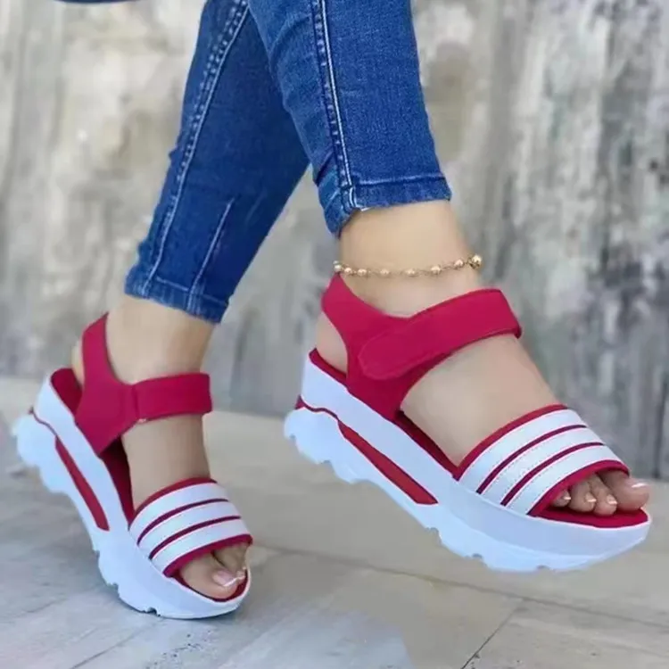 Roman Sandals Thick Sole Buckle Strip Wedges Shoes Transparent Clear Sandals - Red