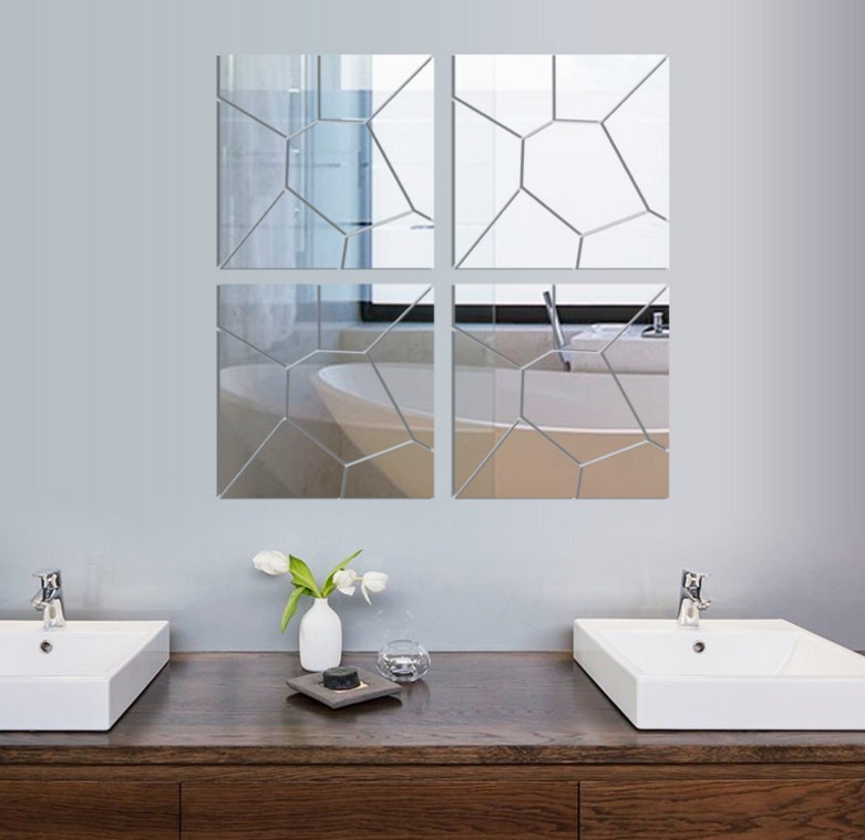 Home Decoration Geometric Puzzle Combination Mirror Wall Stickers Bedside Ice Crack Silver - Shop at LoveMi