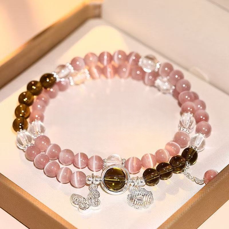 Brățară ochi de pisică din ametist natural cu două straturi de perle cu lănțișor cu margele Bijuterii elegante pentru femei