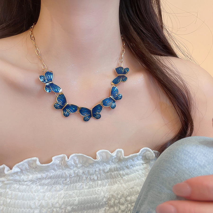 Blue Butterfly Necklace For Women French Style Luxury Collarbone Chain Gold Tone Alloy Choker S925 Sterling Silver Post Hypoallergenic Jewelry