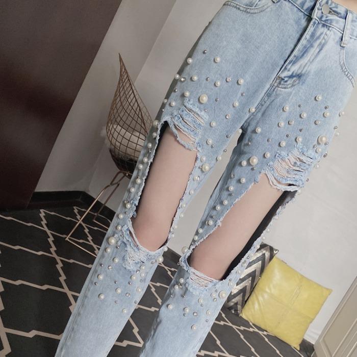 Title 5, Damen Beaded Ripped Jeans, knielose Wide-Leg-Ho...