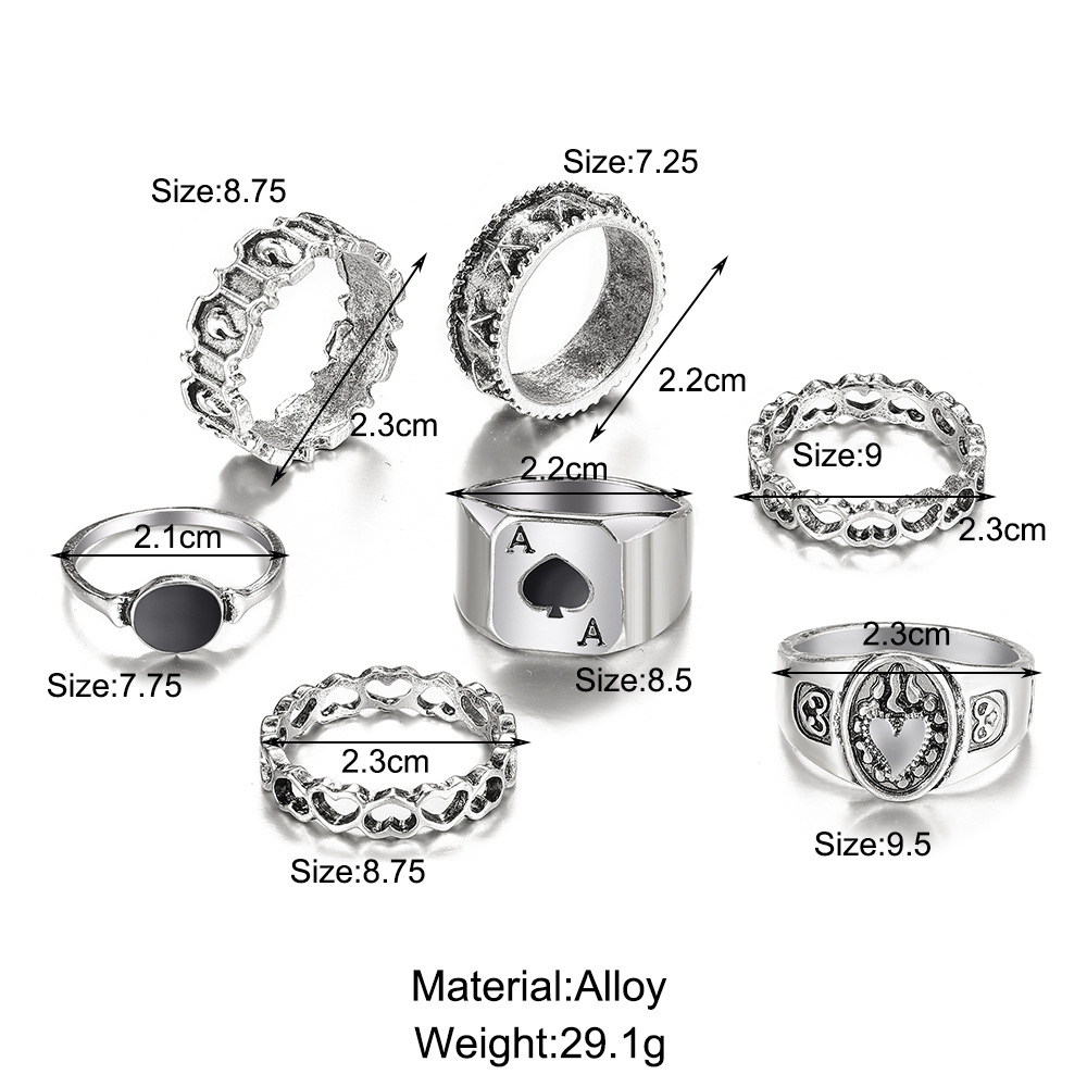 Creative Ladies Jewelry Simple Retro Spades Love Ring 7 Piece Set
