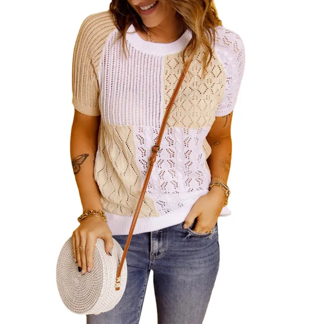 New Fashion European And American Color blocking Knitted Short sleeved T shirt Top Knitted Sweater Light Yellow - Shop at LoveMi