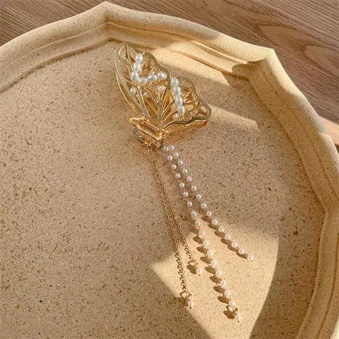Large Metal Grab Clip On Back Of Head With Pearl Bow Butterfly Tassel Gripper - Shop at LoveMi