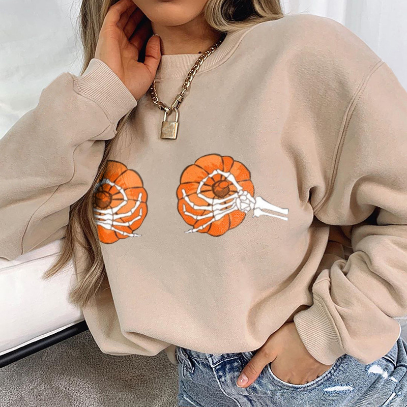 Title 5, Pumpkin round neck loose casual printing long s...