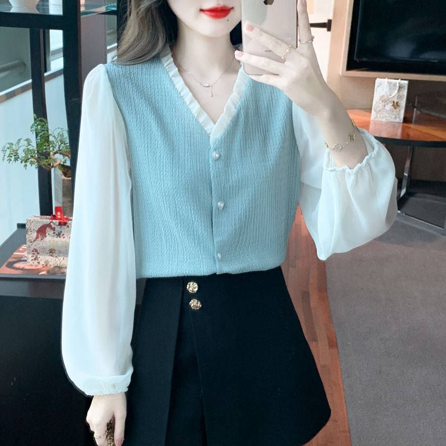 Women's Fashion Bubble Sleeve Chiffon Patchwork Knitted Shirt