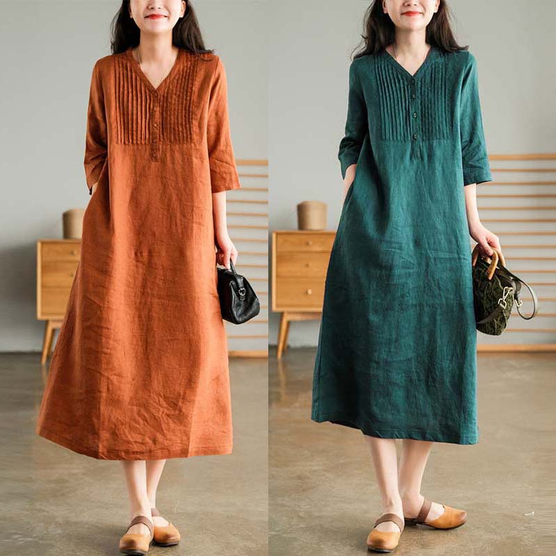 Solid Color Cotton Linen V-Neck Half Sleeve Dress