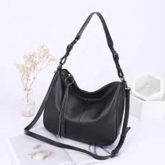 Genuine Leather Women's Top Layer Cowhide Tassel Tote Bag - Black - View 1