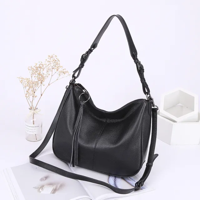 Genuine Leather Women's Top Layer Cowhide Tassel Tote Bag Black - Shop at LoveMi