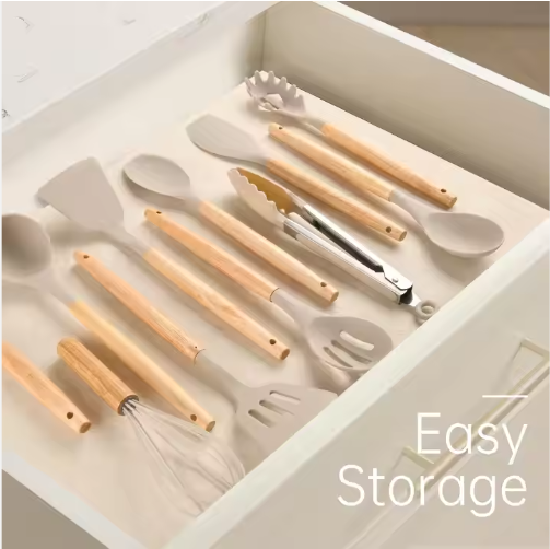 Non-Stick Silicon 12 Pcs Heat Resistant Wooden Handle Kitchen Cooking Utensils Set, Khaki Color — foto 3