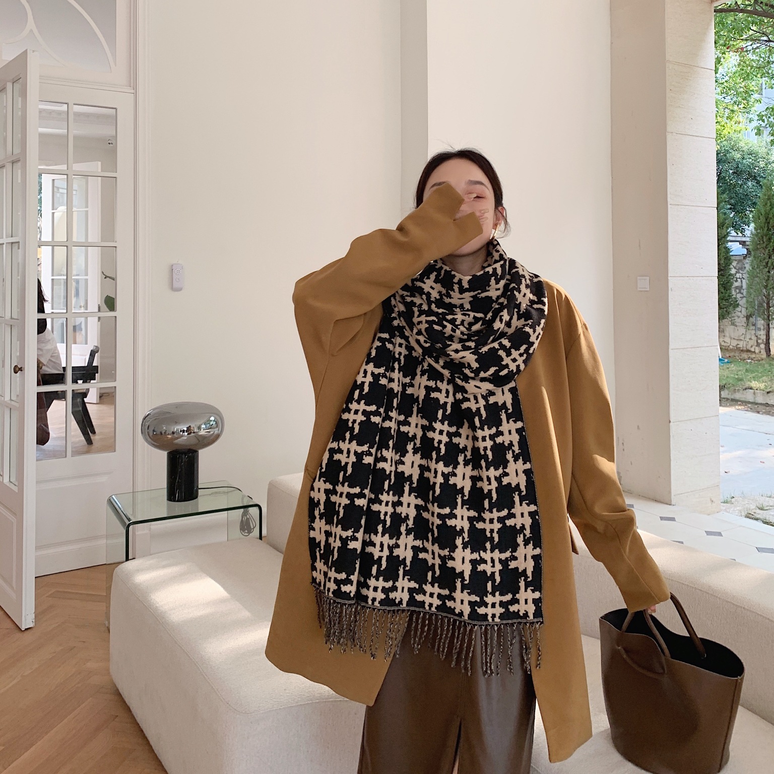 Long Fringed Thick Houndstooth Large Shawl Women Long Temperament Warmth Scarf