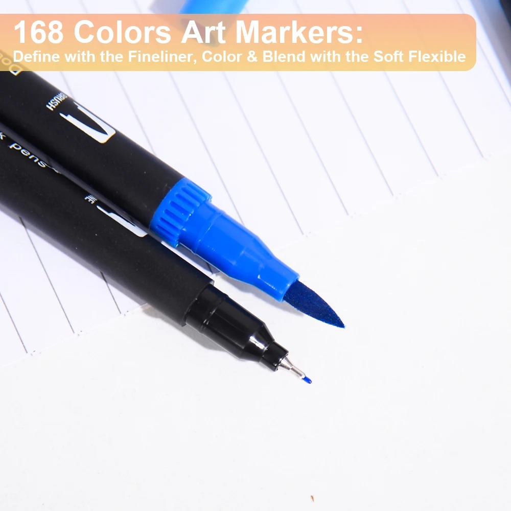 168 Colors Dual Tip Brush Markers Set Black Barrel Watercolour Pens — image 4
