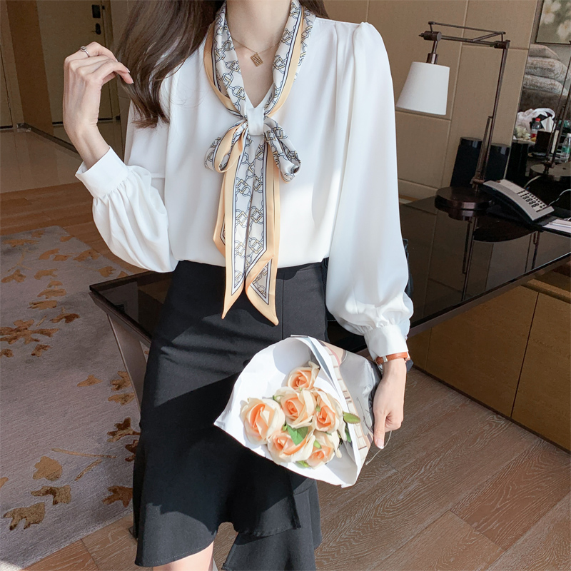 Professional Shirt Women''s Autumn Dress Long Sleeve Bow Ribbon Bubble Sleeve