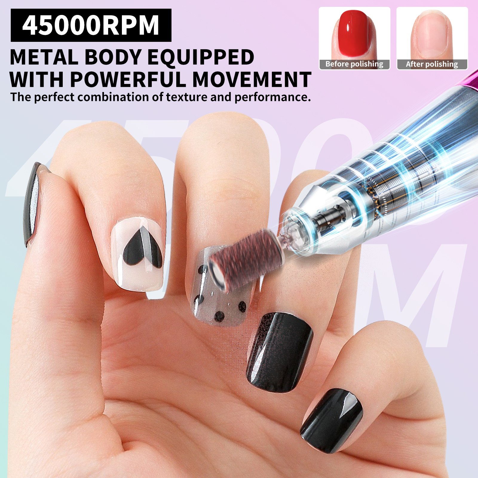 Professional Electric Nail Drill, 45000 RPM Cordless Rechargeable E-File Machine, With 12 Bits, Sanding Bands, LCD Display For Acrylic Gel Nails — foto 10