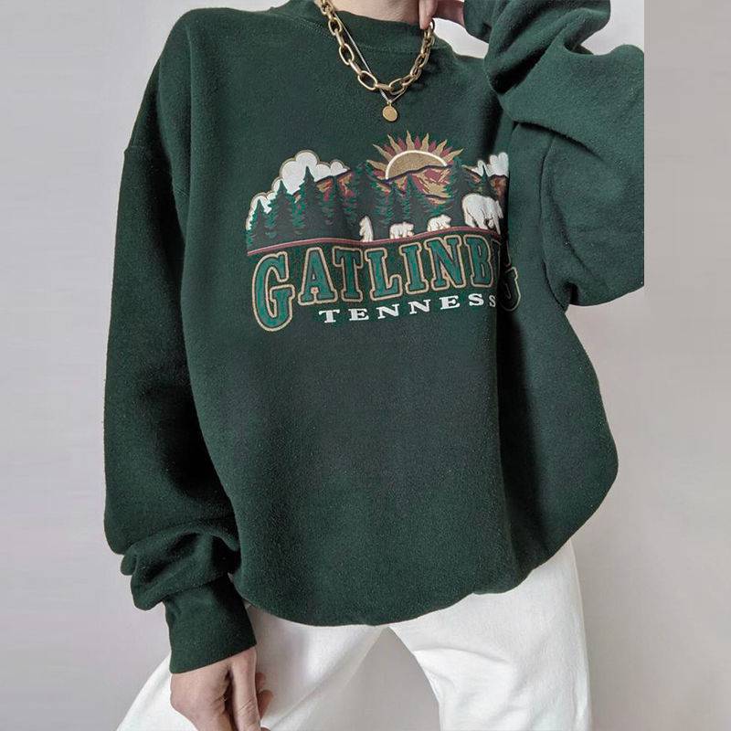 Title 6, American Retro Dark Green Round Neck Sweater Women