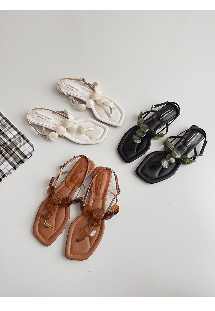 French Vacation Style Gem Decor Square Toe Thong Sandals, Women Low Heel Roman Beach Flip Sandals For Summer