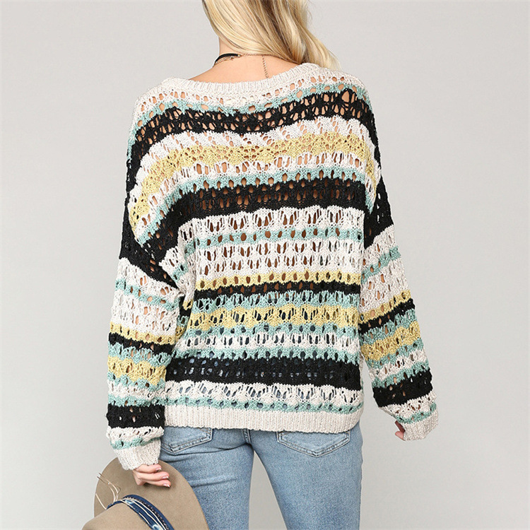 Title 3, Hollow Knitted Sweater Color Stripe Stitching R...