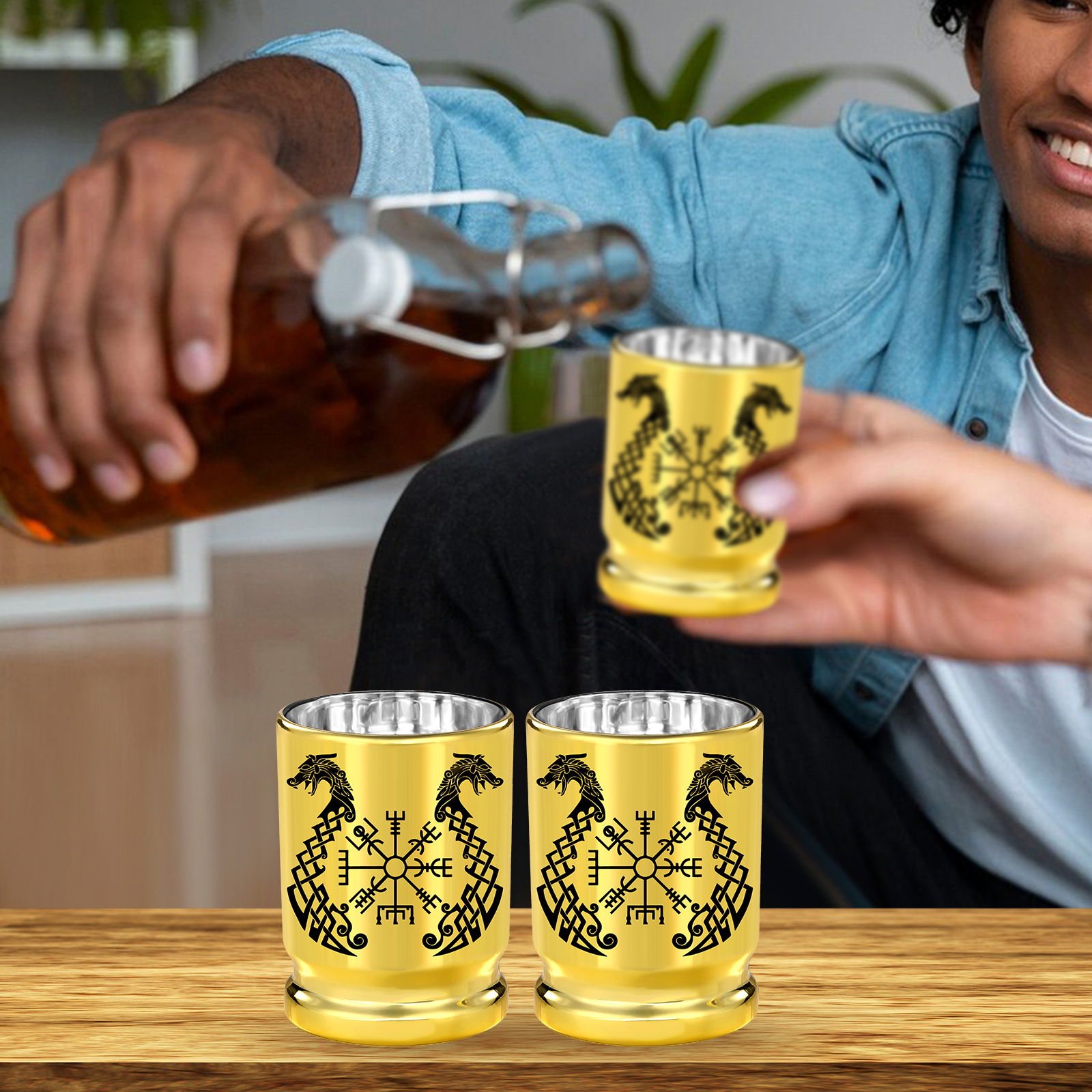 2pcs 50 Caliber Viking Totem Loong Boat Golden Plastic Wine Glasses With Gift Box - Leak Proof, Reusable - Fashionable Animal Print Design, Suitable For Whisky, Tequila, Etc