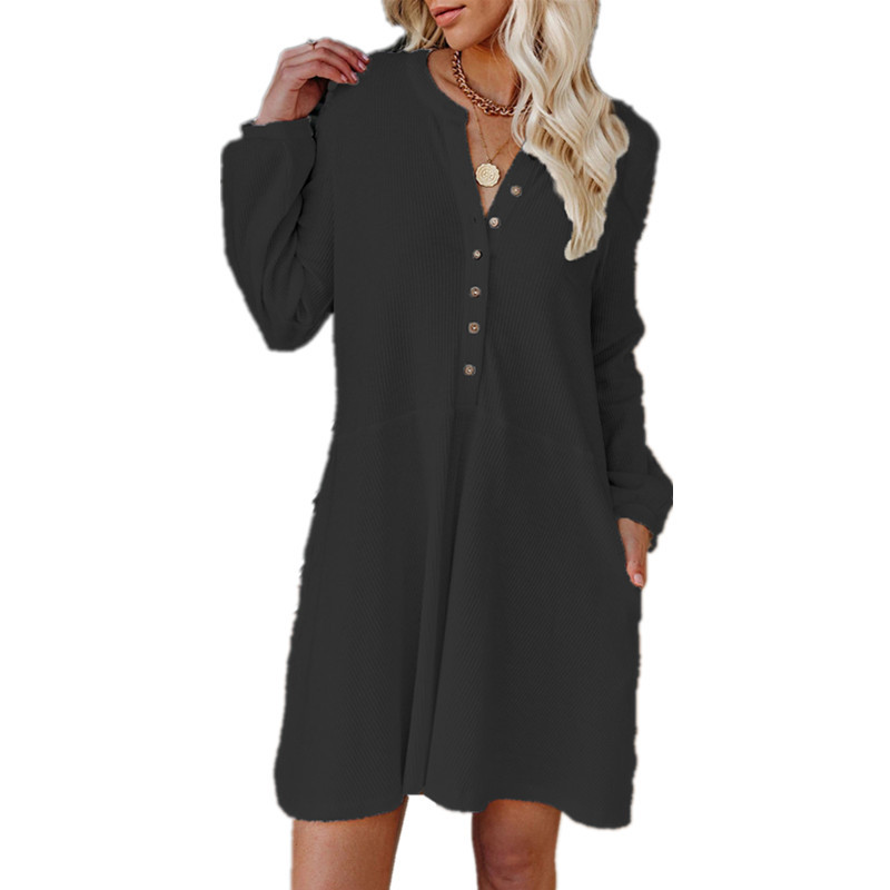 Pure Color V-neck Long-sleeved Button Casual Dress
