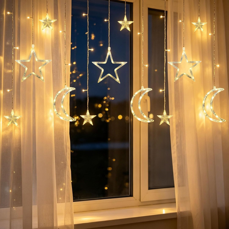 Moon Star Curtain String Lights, 11.5ft 120LED Moon Fairy Lights Decor