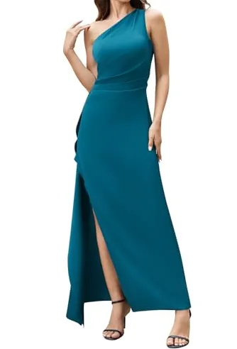 Slim fit Solid Color One shoulder Pleated Split Satin Dress Blue - Shop at LoveMi