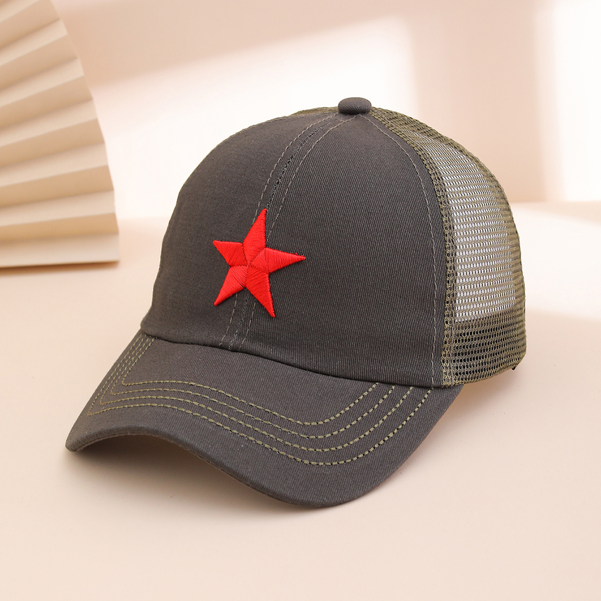 Embroidered Five-pointed Star Military Green Mesh Baseball Cap, Personalized And Casual Camouflage Canvas Baseball Cap, Fashionable And Versatile