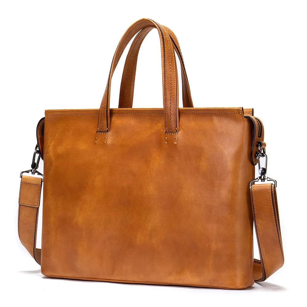 Men's Briefcase Business Casual First Layer Leather 14 Inch Portable - Brown