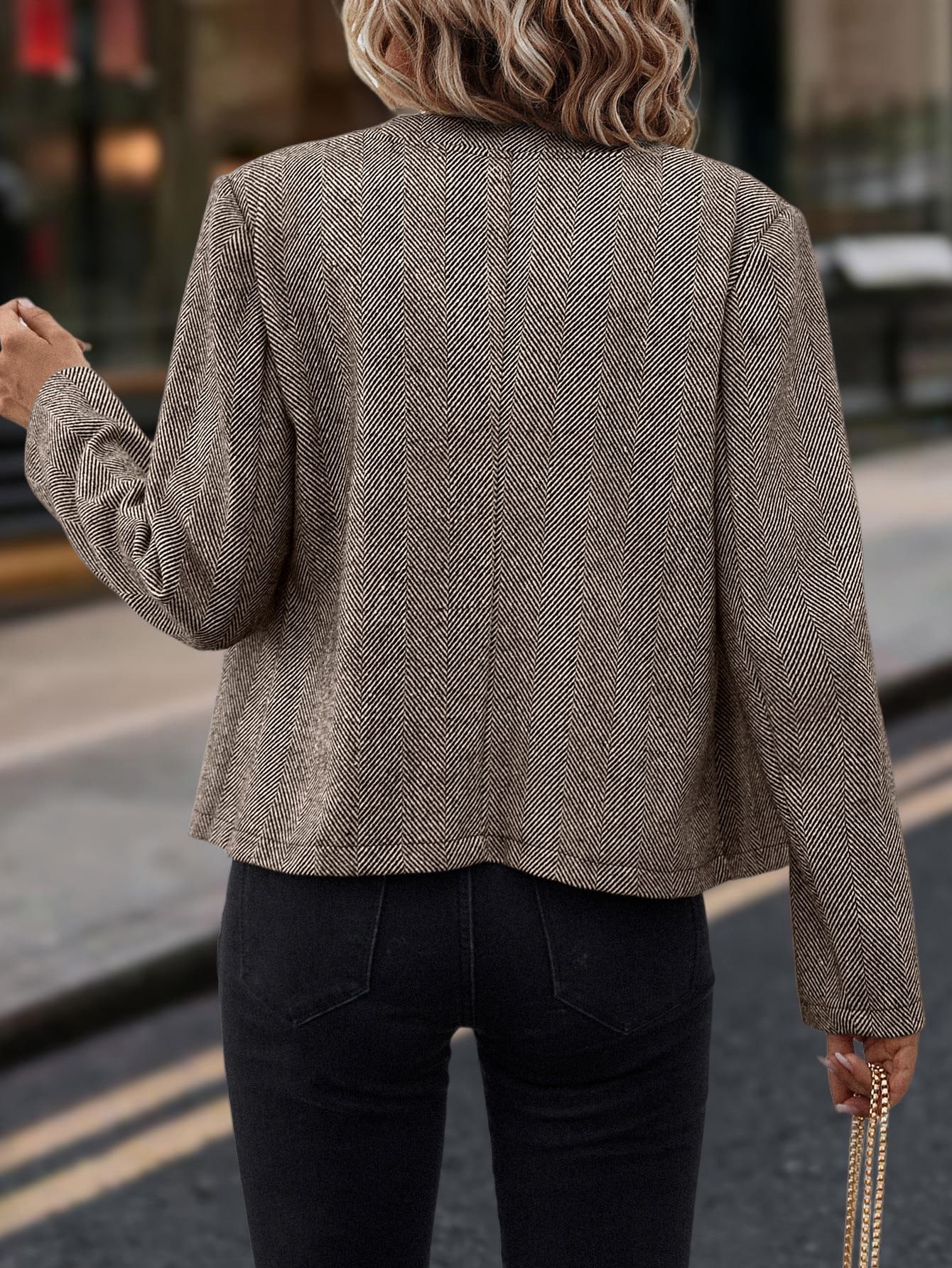 Spring And Autumn Leisure, Commuting Outfit, Herringbone Coat, Round Neck Long Sleeve Fitted Jacket, Double-breasted Metal Buttons.