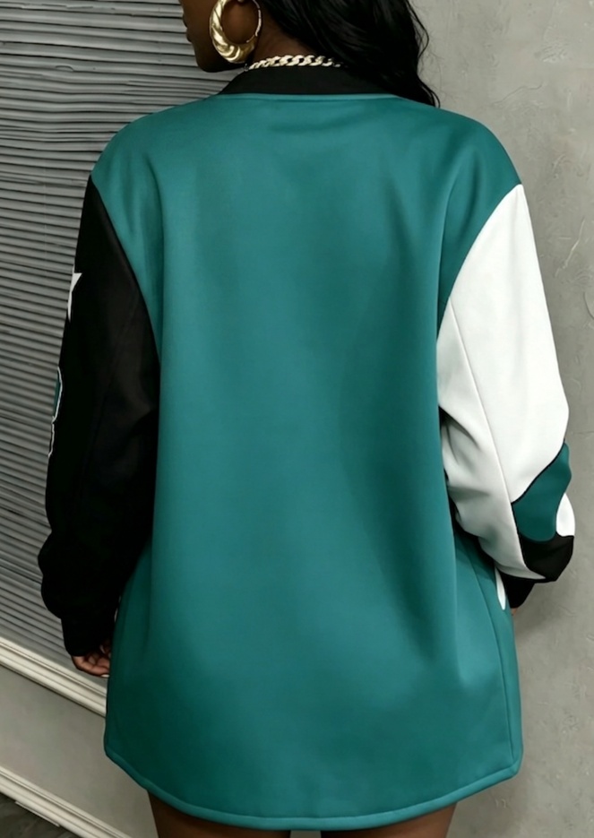 Color Block Star Print Rib Collar Snap Button Longline Varsity Baseball Jacket