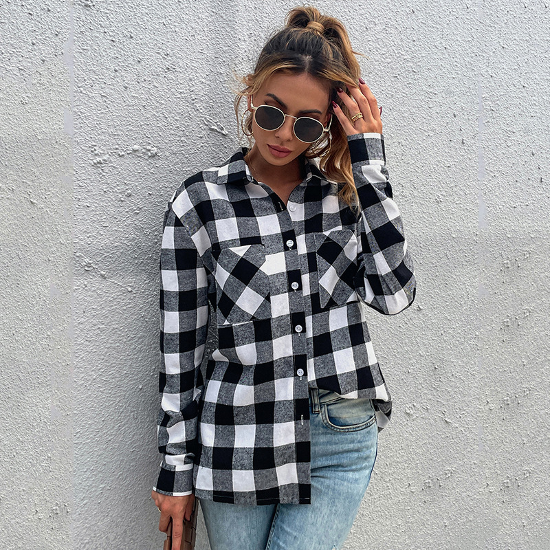 Black And White Plaid Cardigan Lapel Long-sleeved Casual Top Shirt