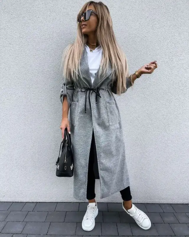 Autumn And Winter Long sleeved Button turned collar Polyester Jacket Grey - Shop at LoveMi
