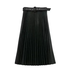 Blast Street Celebrity Belt Decoration Leather Pleated Skirt Fashion Trend - Black - View 1