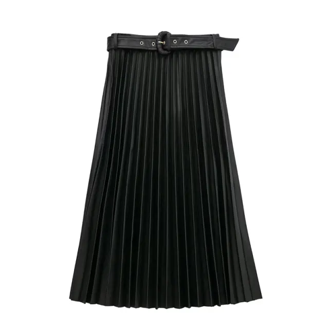 Blast Street Celebrity Belt Decoration Leather Pleated Skirt Fashion Trend Black - Shop at LoveMi