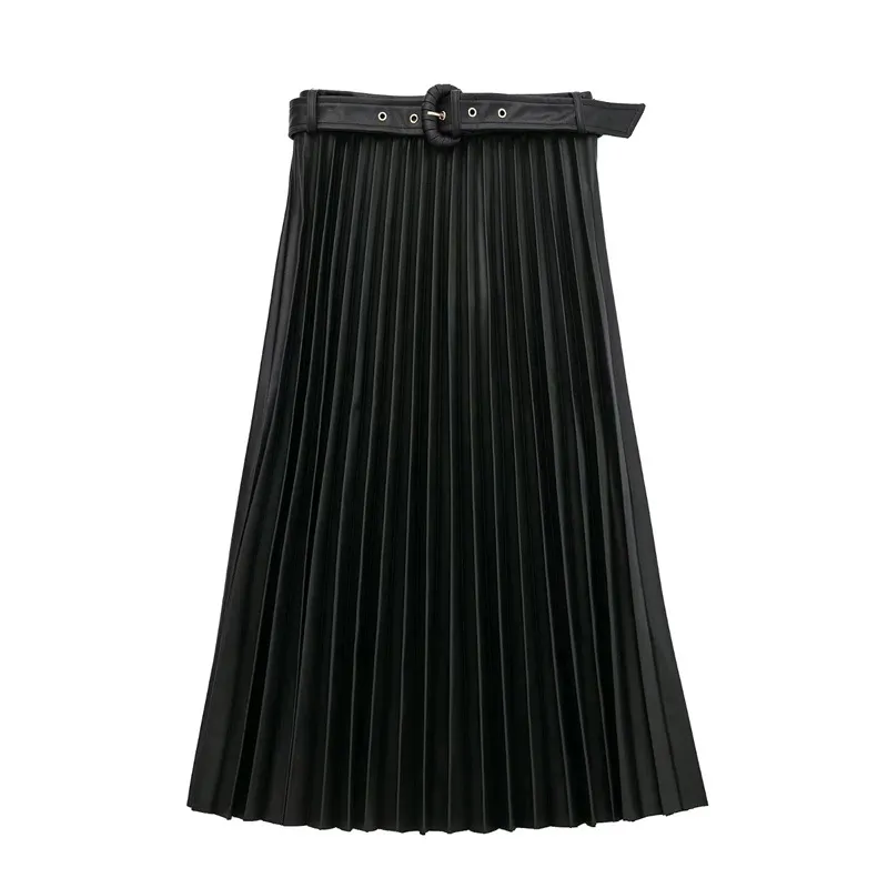 Blast Street Celebrity Belt Decoration Leather Pleated Skirt Fashion Trend - Black