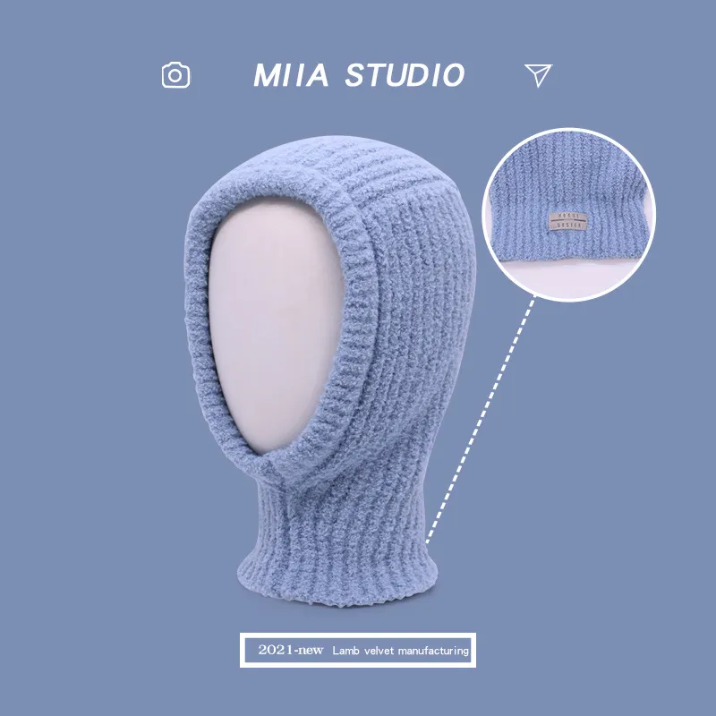 Women's Cold Proof Face Covering Wool Pullover Hat - Baby Blue