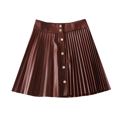 Punk Metal Button Leather Short Skirt High Waist A Line Thin Wine Red - Shop at LoveMi