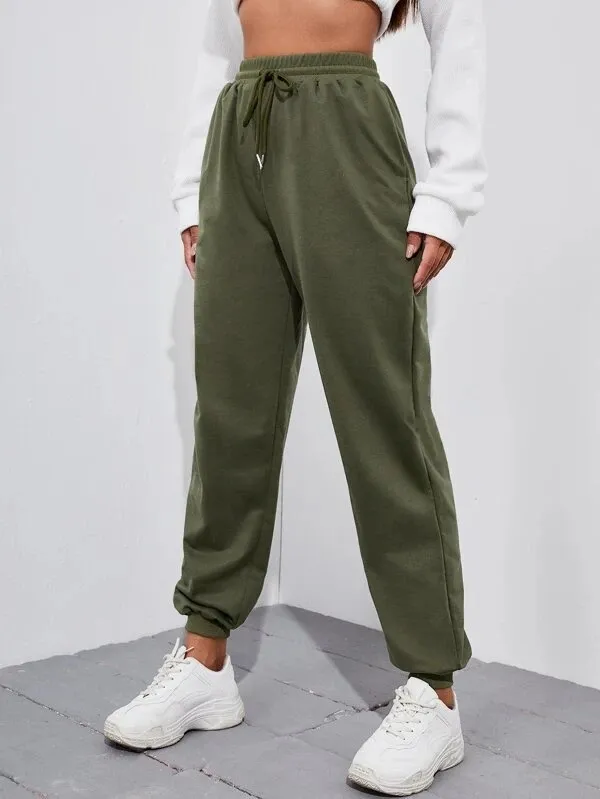 Elastic Band Solid Color Casual Trousers Army Green - Shop at LoveMi