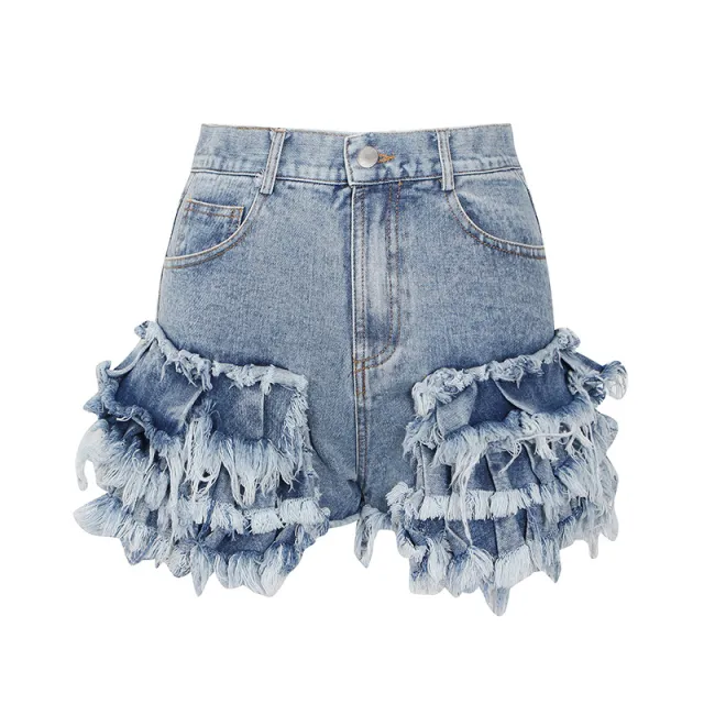 New Fashion Temperament Sexy One Buckle Fringed Ears High Waist Denim Shorts Women Blue - Shop at LoveMi