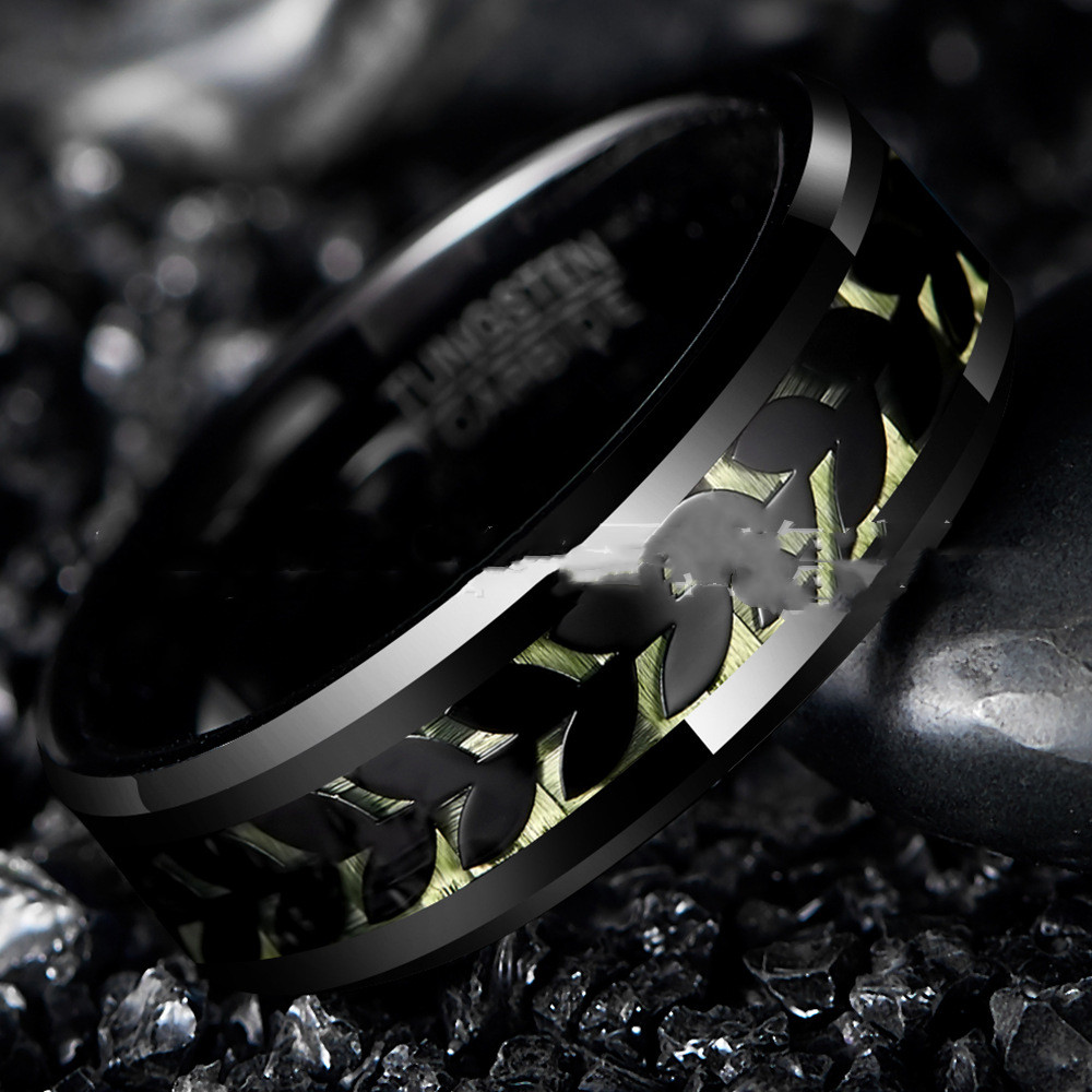 8mm Wide Inlaid Leaves Pattern Green Carbon Fiber Men's Tungsten Ring