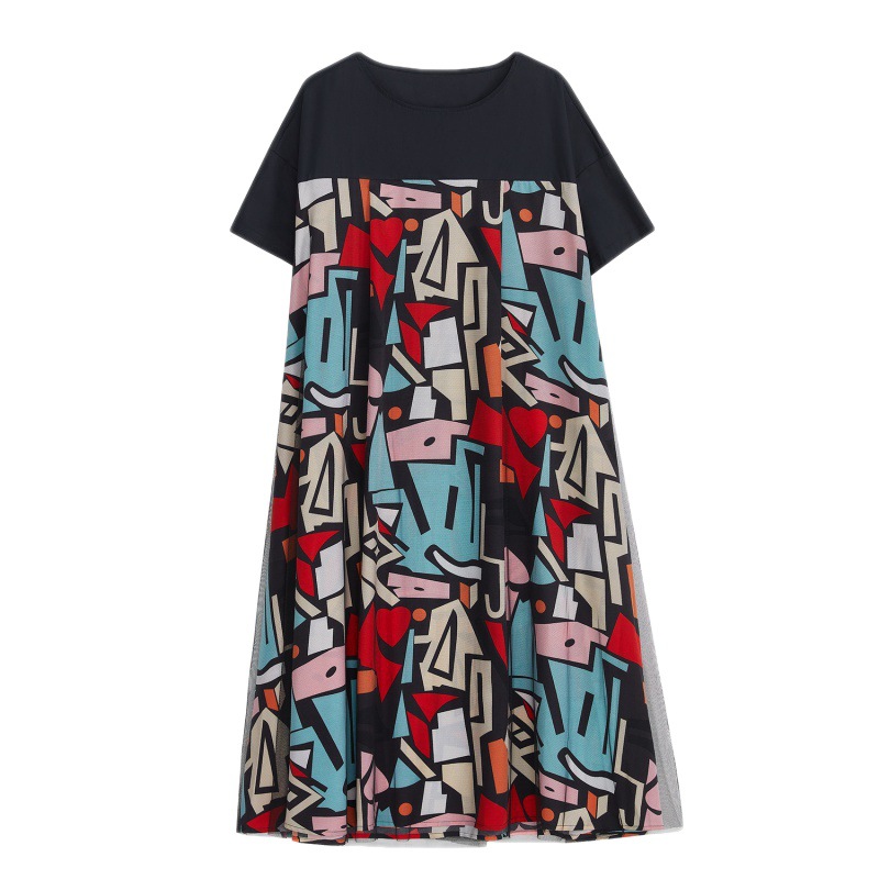 Vintage Print Swing Smocked Crew Neck Dress