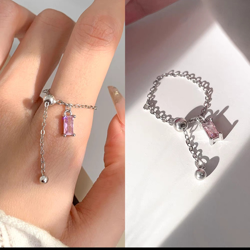 Women's Fashion Sterling Silver Color Small Square Diamond Pull Ring