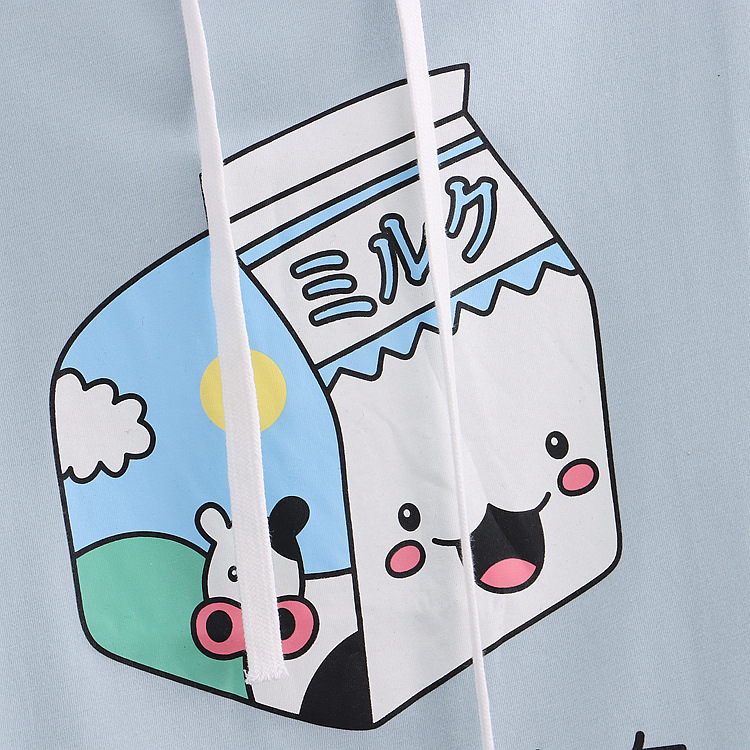 Childlike Sweet Milk Carton Print Hooded Colorblock Short Sleeve Hoodie