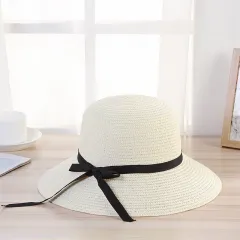 Ribbon Bow Sunscreen Holiday Fisherman Hat Large Brim - Milk White - View 1