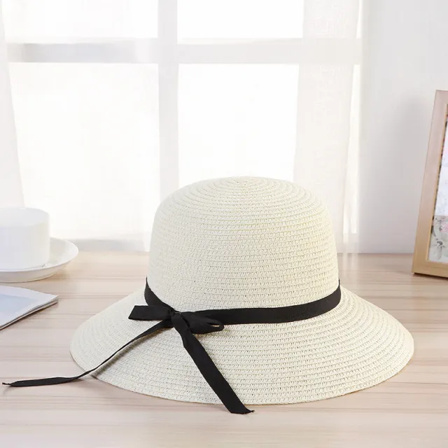 Ribbon Bow Sunscreen Holiday Fisherman Hat Large Brim Milk White - Shop at LoveMi