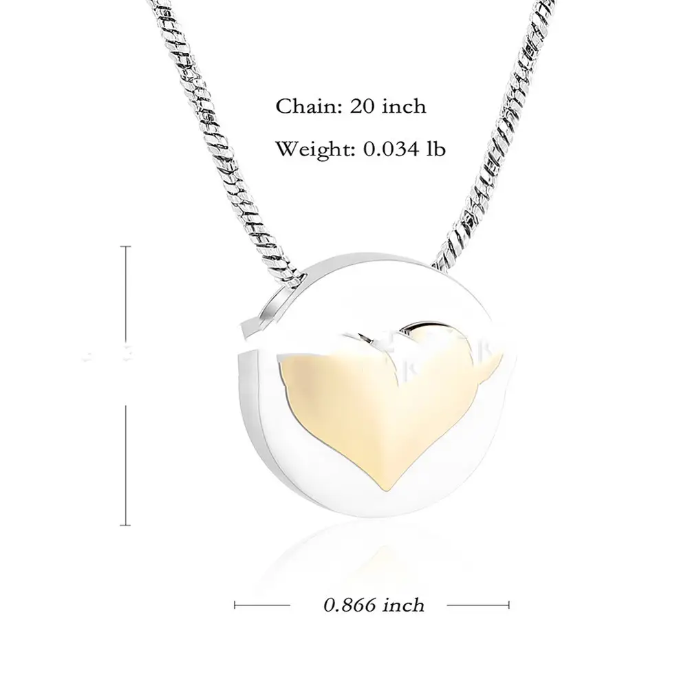 Round Stainless Steel Gold Heart-shaped Feather Butterfly Ashes Memorial Pendant Necklace