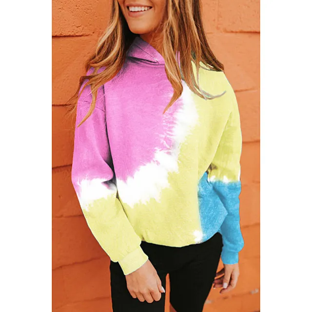 Loose Casual Sports Long Sleeved Hooded Sweater Pink Tiedye - Shop at LoveMi