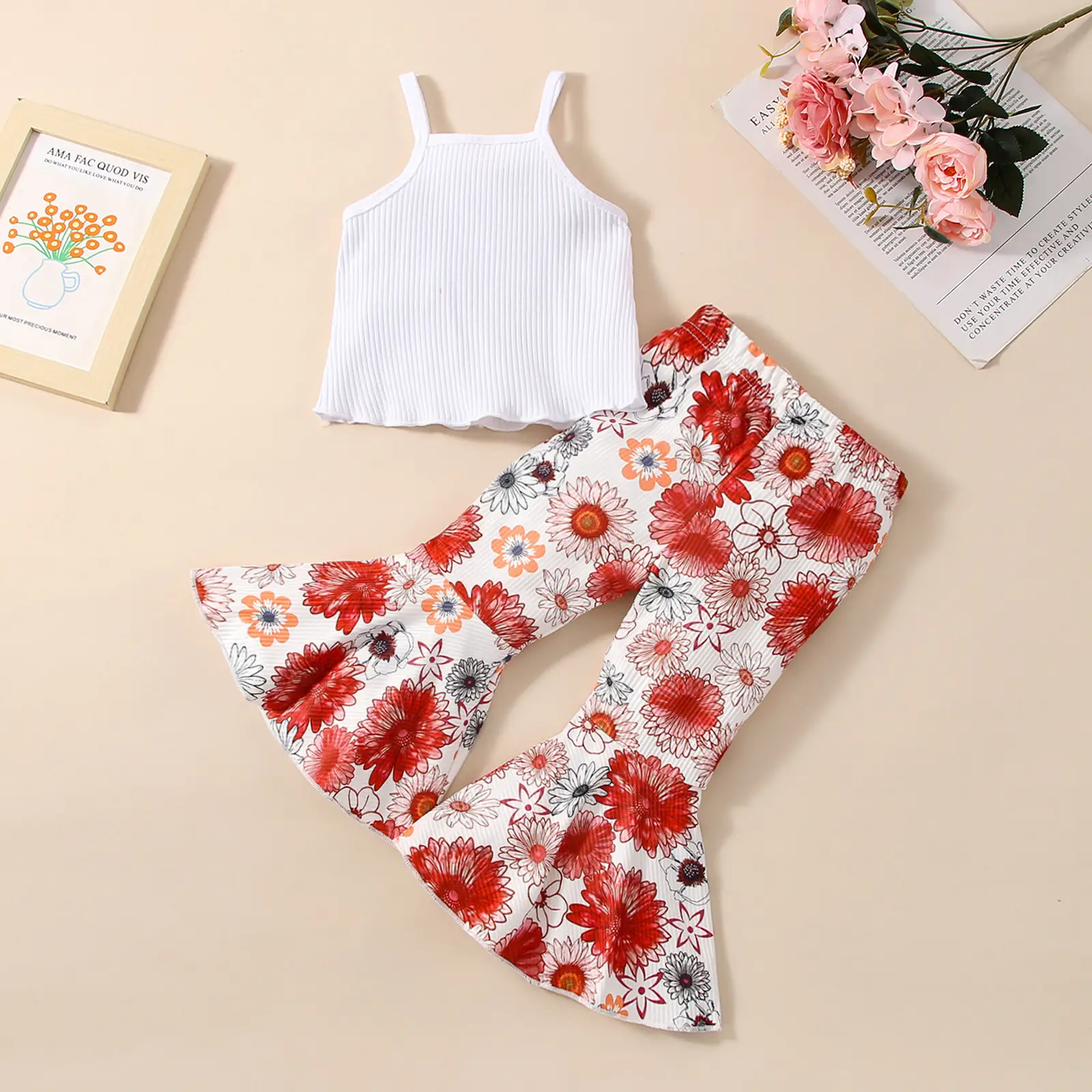 Spring And Summer Little Girl Sling Pure White Printed Bell-bottom Pants Two-piece Suit